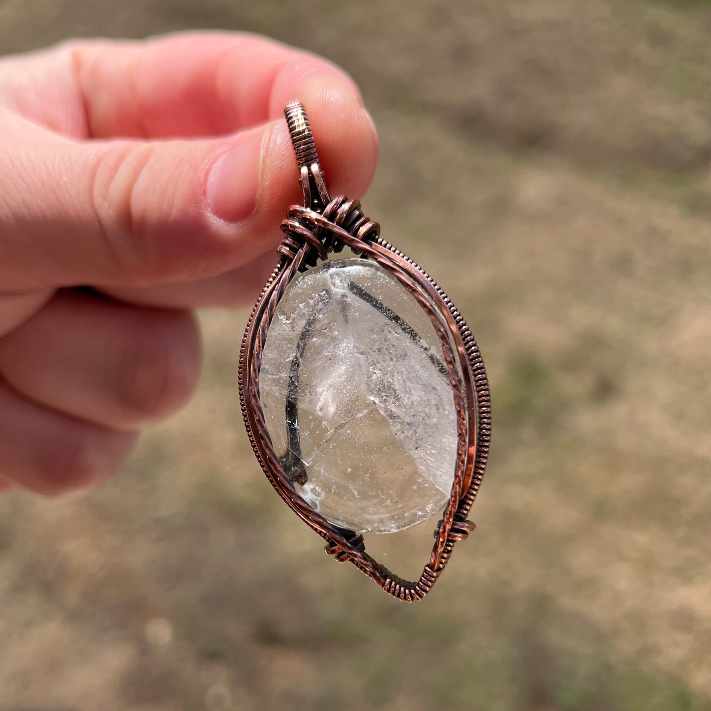 "Factory Reset" - Clear Quartz Palm Stone Pendant in Copper