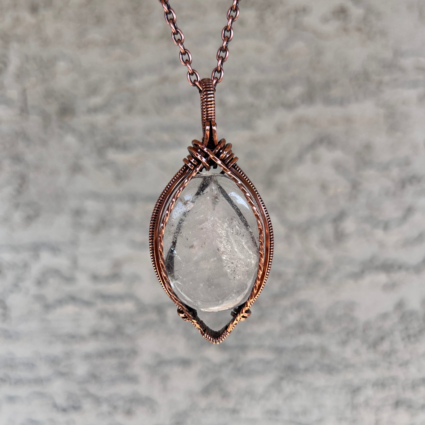 "Factory Reset" - Clear Quartz Palm Stone Pendant in Copper
