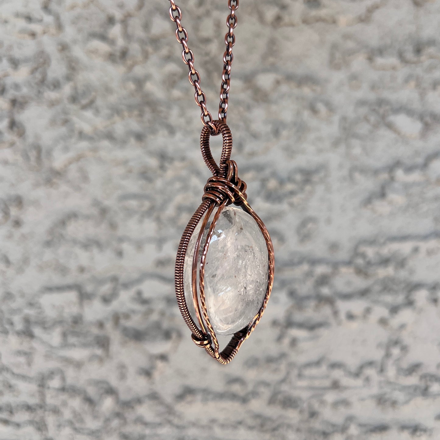 "Factory Reset" - Clear Quartz Palm Stone Pendant in Copper