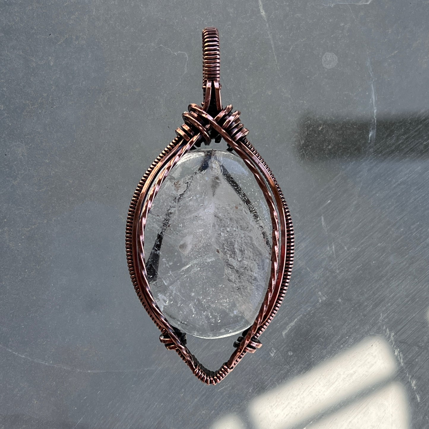 "Factory Reset" - Clear Quartz Palm Stone Pendant in Copper